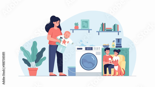 Mother handles laundry with baby; couple relaxes with dog