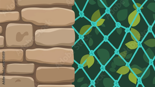 Intertwined texture of rustic stone wall and vibrant green leaves behind a net