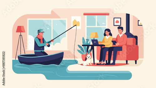 Man fishes indoors while couple works on laptop with dog