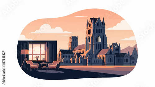 Interior view of a cozy room overlooking a historic city cathedral at sunset