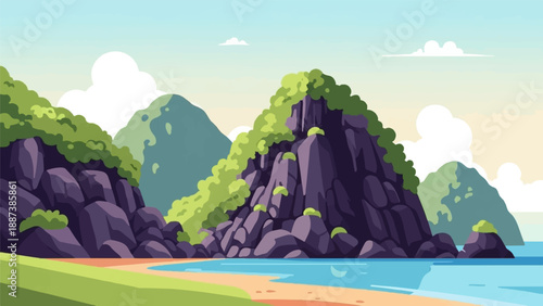 Lush green cliffs rise from a sandy beach beside tranquil blue ocean waters