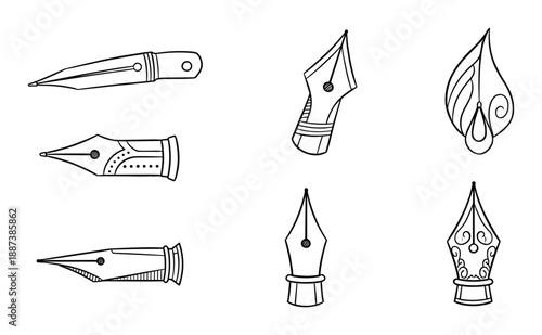 Collection of six diverse black and white pen nib drawings. Vector illustration of fountain pen nibs in various styles.