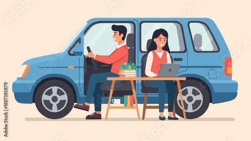 Man drives car, woman works on laptop at desk inside vehicle