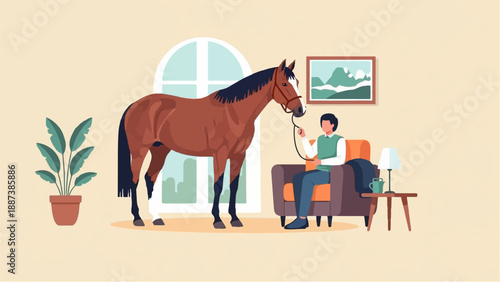 Man in armchair holding reins of horse indoors with plant and painting
