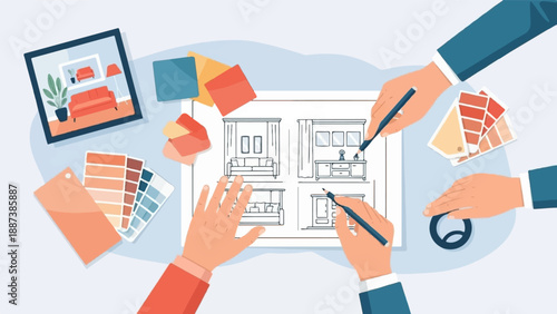 Multiple hands work on interior design sketches with color swatches