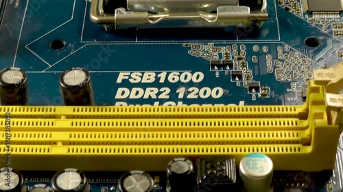 A close-up view of a computer motherboard and its components