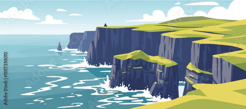 Majestic cliffs rise from the turquoise ocean with crashing waves and grassy tops under a sky