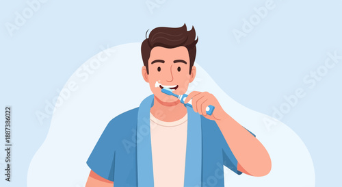 Man in blue robe brushes teeth with white toothpaste and blue toothbrush