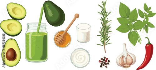 Hand drawn healthy food ingredients vector set with avocado smoothie honey herbs garlic chili and dairy elements