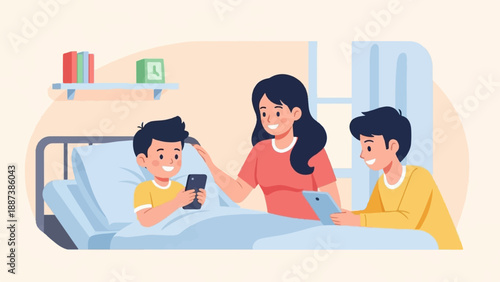 Mother lovingly cares for her two sons who are engrossed in their digital devices