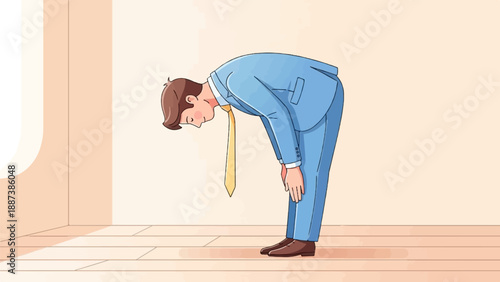 Man in suit bowing deeply in an empty room