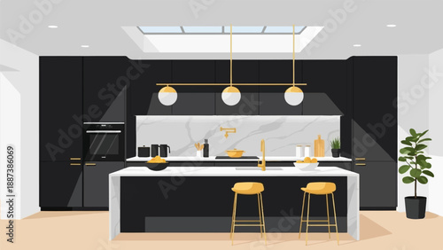Modern monochrome kitchen with island, skylight, and contemporary gold accents