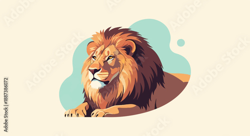 Majestic lion rests on a cream-colored background with abstract shapes