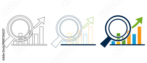 Data Analysis & Market Research Icon Set with Magnifying Glass and Upward Bar Chart, Vector Illustration, Isolated on Transparent Background