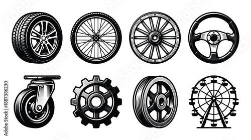 Collection of wheels: Tire, steering wheel, Ferris wheel, gear, wheel, tire with tread, and caster wheel
