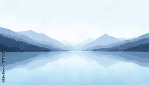 Serene mountain range reflected in a calm, still lake under a pale blue sky.