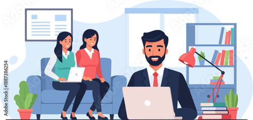 Modern office scene with people collaborating on laptops and a bookshelf