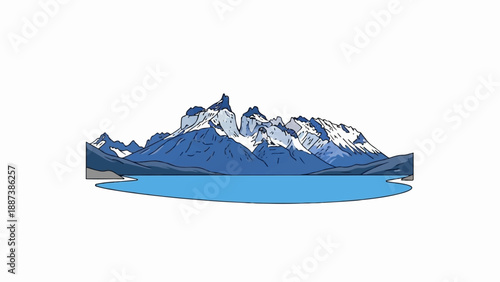 Majestic snow-capped mountains reflected in a calm blue lake under a white sky