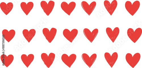 Hand drawn red heart icons set in different styles, love symbols collection vector illustration for Valentine designs