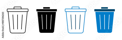 Trash Can Icon Set in Solid and Outline Styles for Digital Interface, Web Design and App Development, Vector Illustration, Isolated on Transparent Background