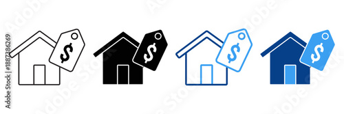 Home Price Tag Icon Set with Outlined and Solid Black & Blue House Symbols for Real Estate Value, Property Sales and Mortgage, Vector Illustration, Isolated on Transparent Background