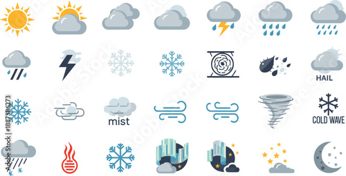 Flat weather icon set featuring sun clouds rain snow lightning mist hail and cold wave symbols for forecast apps.