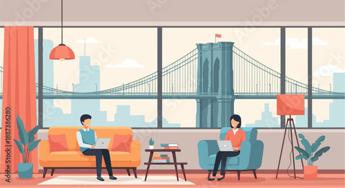 Modern office space with a view of a bridge and city skyline