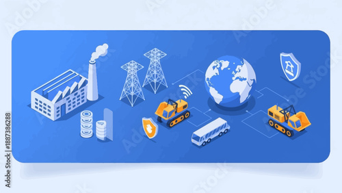 Isometric digital network connecting industry, transportation, and global data flow