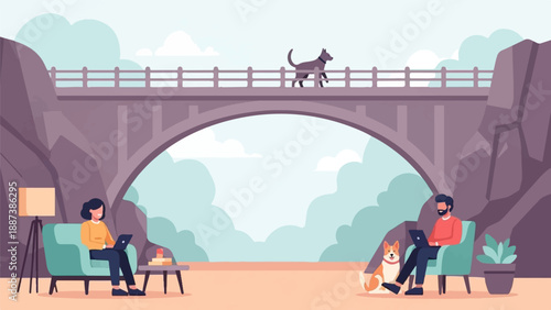 People and dogs relaxing and working remotely under a bridge