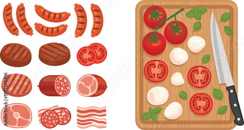 Meat and sausage cooking ingredients vector set with tomatoes mozzarella bacon cutting board and kitchen knife