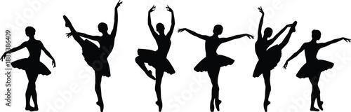 Ballet dancer silhouettes performing graceful classical dance poses set isolated on white background representing elegance, movement, and performing arts concept