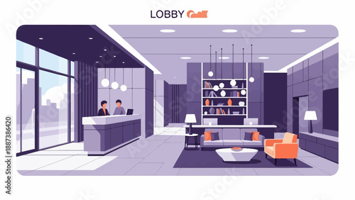 Modern reception area with seating, bookshelves, and city view