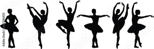 Ballet dancer silhouettes showing elegant classical dance poses and movements isolated on white background representing grace, balance, and performing arts illustration