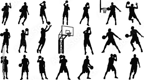 Basketball player silhouette collection featuring shooting, dribbling, jumping, dunking actions with hoop, black sports vector set isolated on white background
