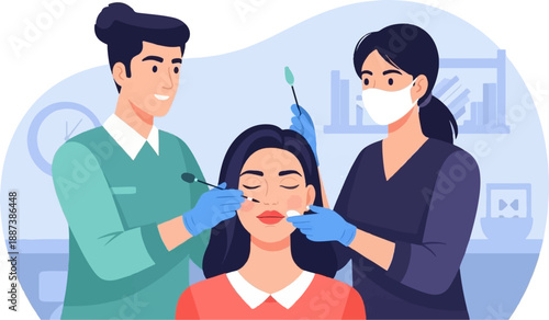 Medical professionals perform cosmetic procedure on woman’s face