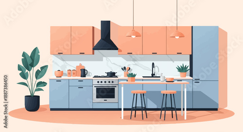 Modern, stylized kitchen with light blue cabinets and coral countertops