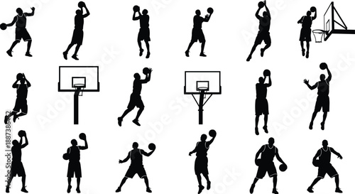Basketball player silhouettes set showing dynamic actions, jumps, dunks, dribbling poses, and shooting moments in black vector sports illustration