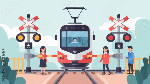 Modern train approaches crossing with people waiting safely at railroad gates