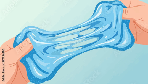 Hands stretch translucent blue sparkly slime against a light blue background