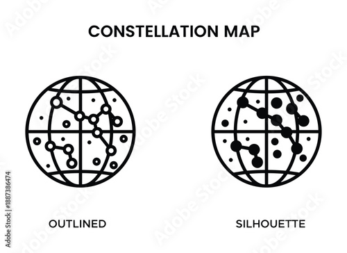 Constellation Map Outlined and Silhouette. Star map, showing star connections and globe in two styles, outlined and silhouette