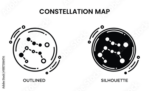 Constellation map outlined and silhouette styles. Star chart of zodiac with dotted lines, celestial navigation in astronomy science