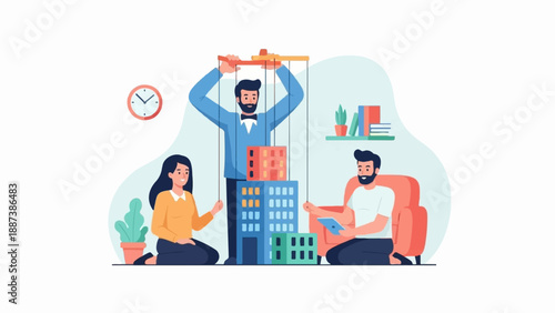 Man manipulates building blocks with people as puppets