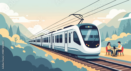 Modern train travels through a scenic landscape where people dine