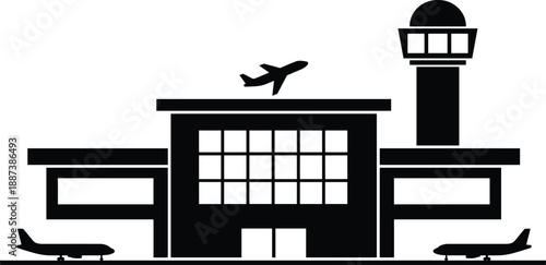 Black airport terminal silhouette with control tower and airplanes taking off and landing isolated on white background for aviation travel illustration