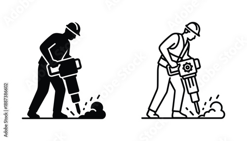 Construction worker with jackhammer illustration in solid black and line art, safety helmet and dust, icon, silhouette.