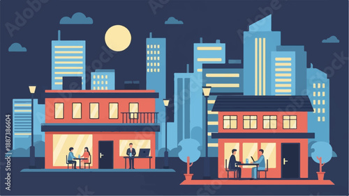 Nighttime city scene with buildings, people dining, and working indoors