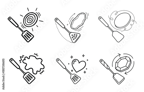 Cooking spatula with target, flipping, splashing, egg, heart, and gemstone illustrations, kitchen utensil line art.