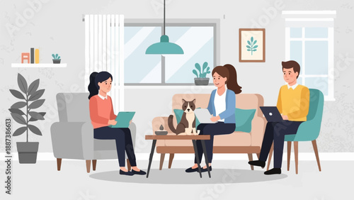 People and cat in a cozy living room setting with plants and furniture