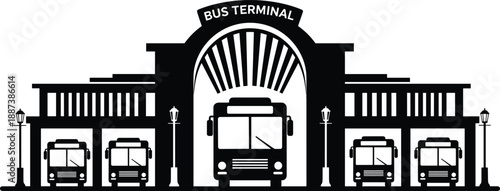 Black bus terminal silhouette illustration with multiple buses arriving and departing modern urban public transportation hub isolated on white background