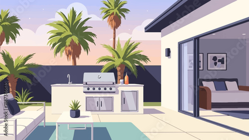 Modern backyard with grill, lounge furniture, and palm trees
